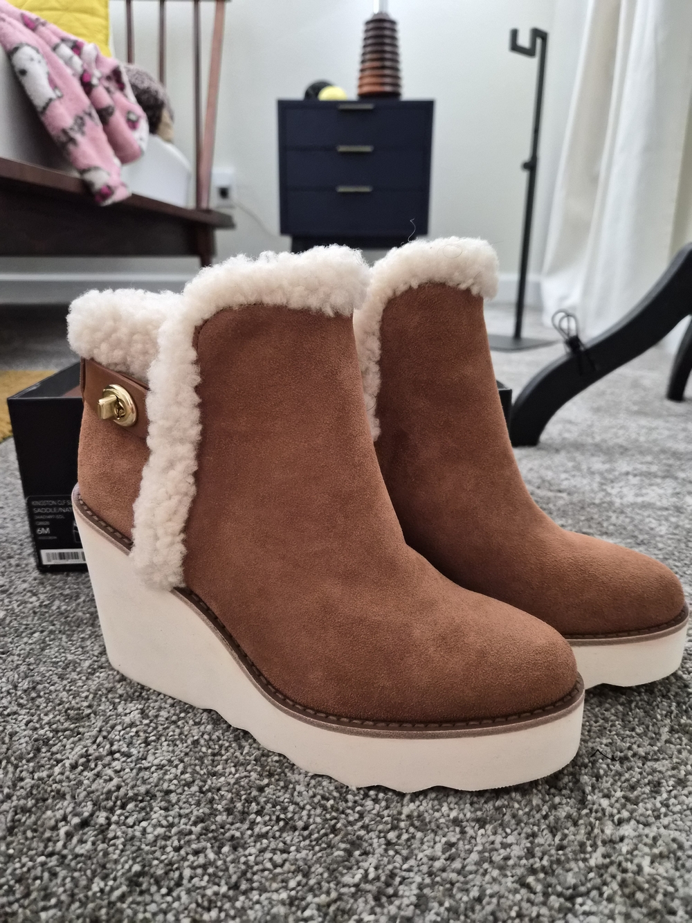Coach Tan Suede Shearling Wedge Booties with White Platform